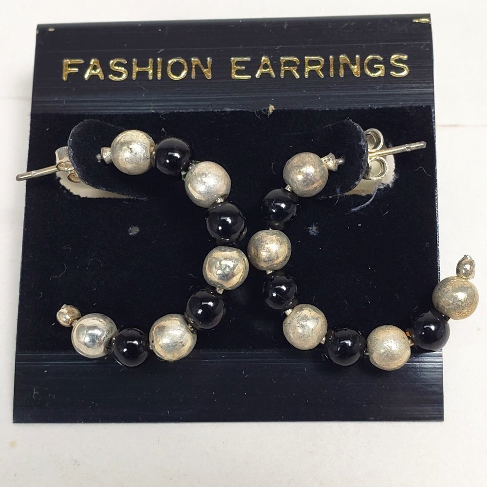 Women's Stunning Black and Light Gray Beaded Half Hook Earrings, Silver tone